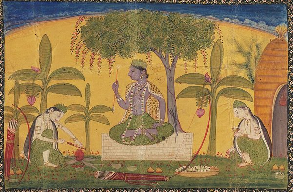 At Panchavati: Lakshmana preparing food and Sita making a garland of flowers by Unknown artist
