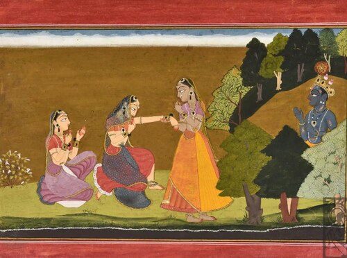 Friends persuading hesitant Radha to enter the bower of love where Krishna awaits her by Manaku
