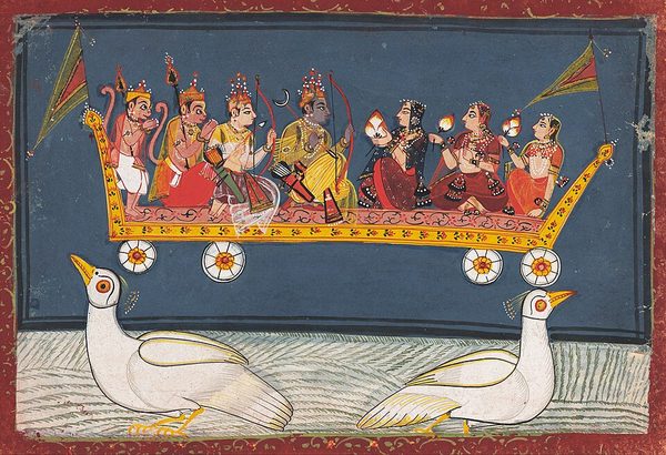 Rama with Sita and Lakshmana returning to Ayodhya on the Pushpaka Vimana of Ravana by Unknown artist