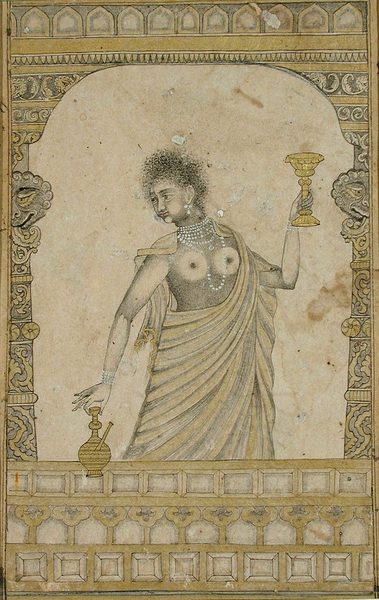 A bare-breasted woman holding a ewer and cup in an archway by Unknown artist