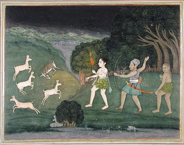 A Bhil hunter with a flare, helping a hunter with a bow to hunt deer at night by Unknown artist