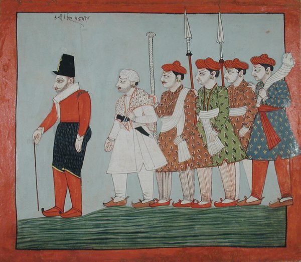 A European traveller with a cane, attended by five soldiers by Unknown artist