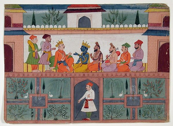 A king receives Krishna in his palace by Unknown artist