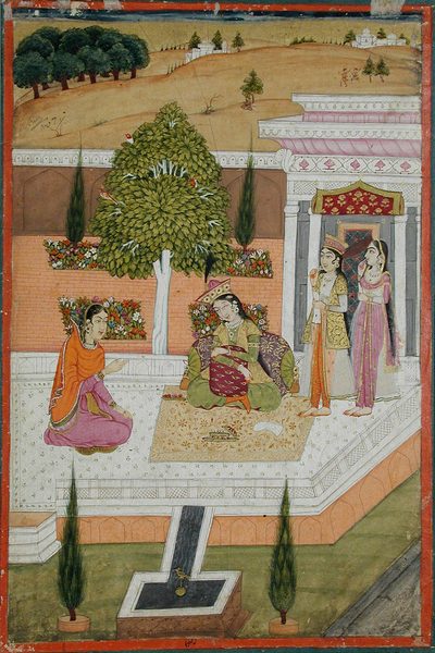 Two women seated on a terrace attended by two maids by Unknown artist