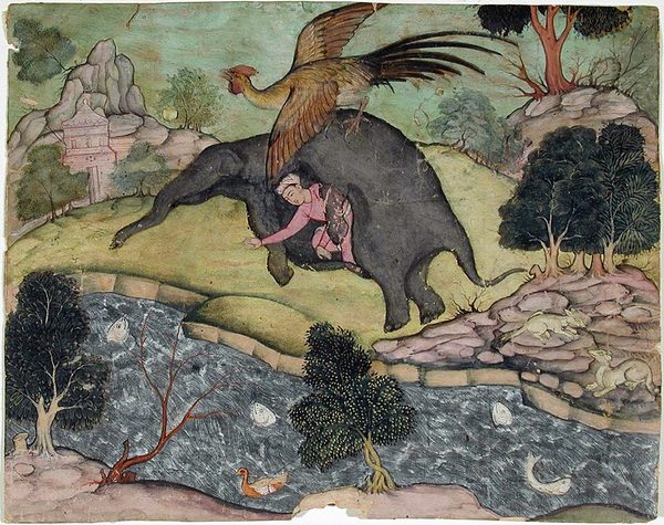 A man hides in an elephant skin and is carried off by a giant simurgh by Unknown artist