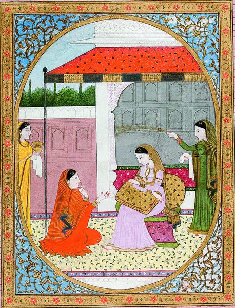 A pensive nayika with her sakhi by Sajnu of Mandi