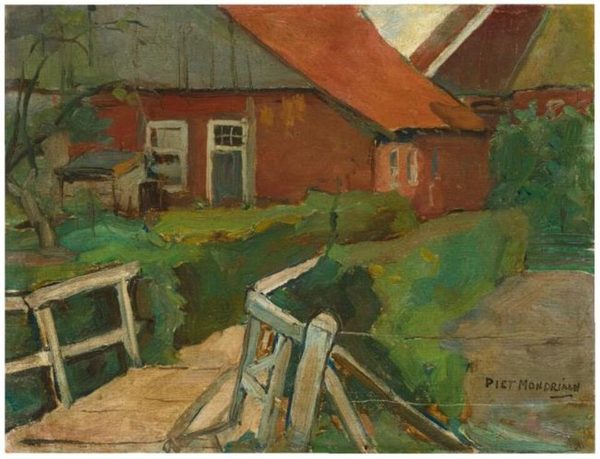 Farm buildings with bridge by Piet Mondrian