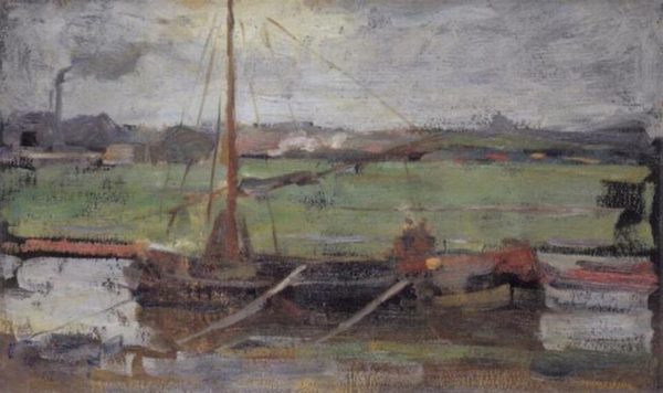 Polder with moored boat near Amsterdam I by Piet Mondrian