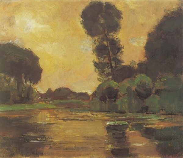 Isolated tree on the Gein with yellow-orange sky by Piet Mondrian