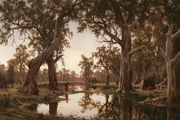 Evening shadows, backwater of the Murray, South Australia by 1835-1907, Henry James Johnstone